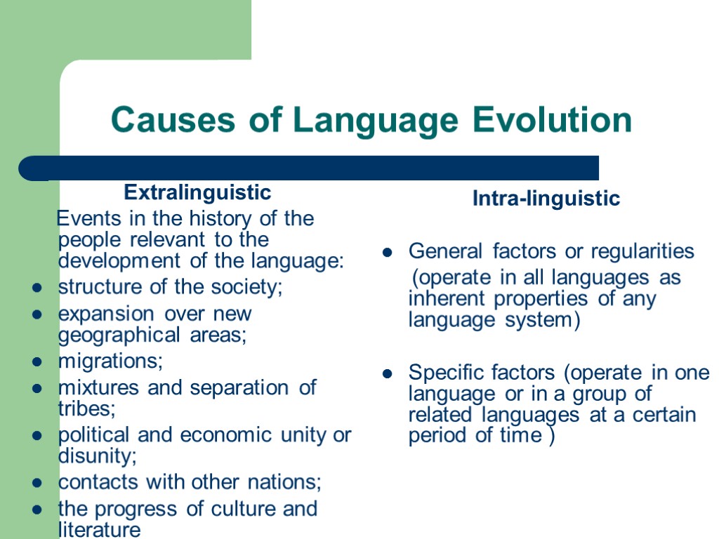 Causes of Language Evolution Extralinguistic Events in the history of the people relevant to